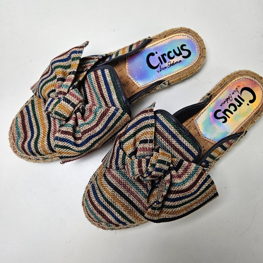 Circus Sam Edelman Lulu Rainbow Stripe Big Bow Canvas Mules 7 Taupe Espadrilles - Picture 2 of 8